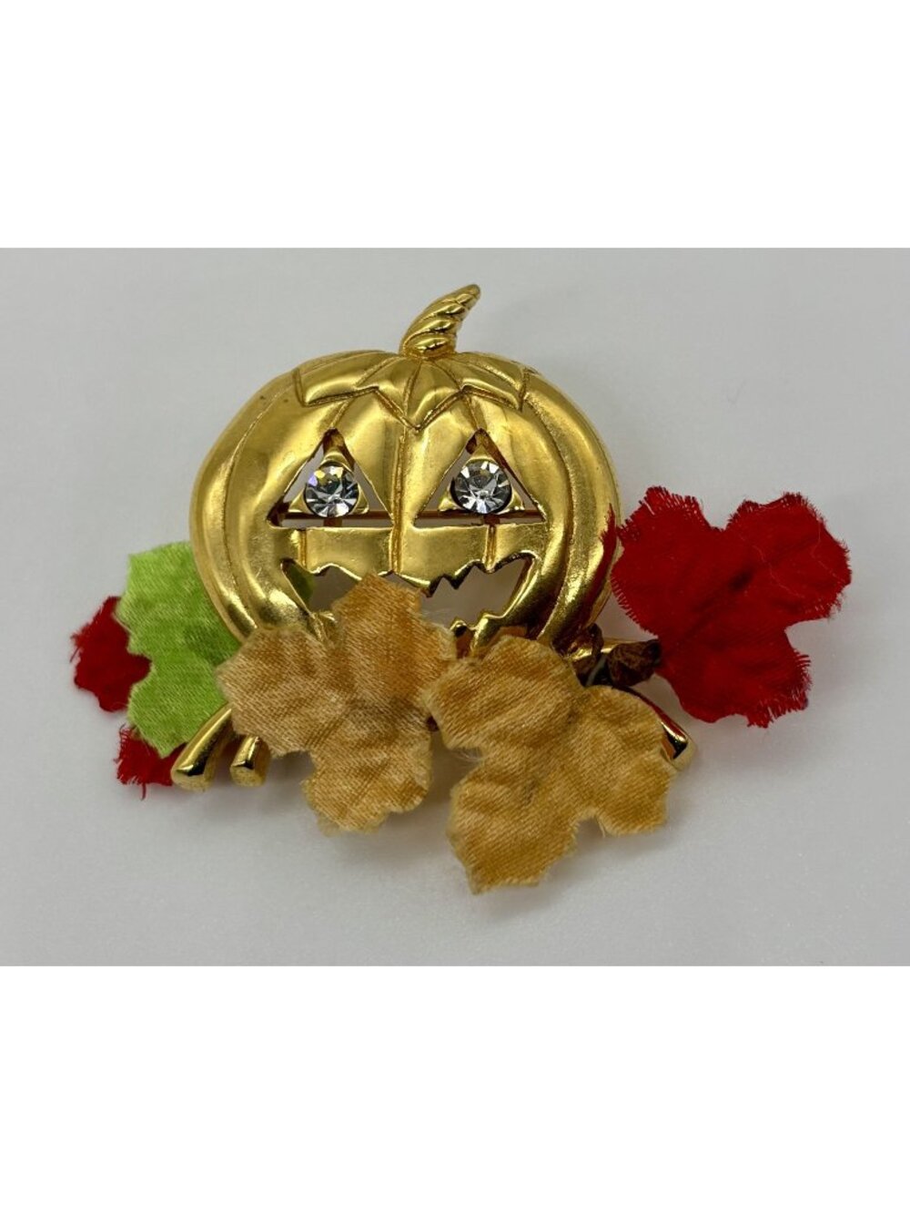 Vintage Avon WN 1993 Golden Pumpkin Brooch Fabric Leaves Rhinestone Eyes Signed